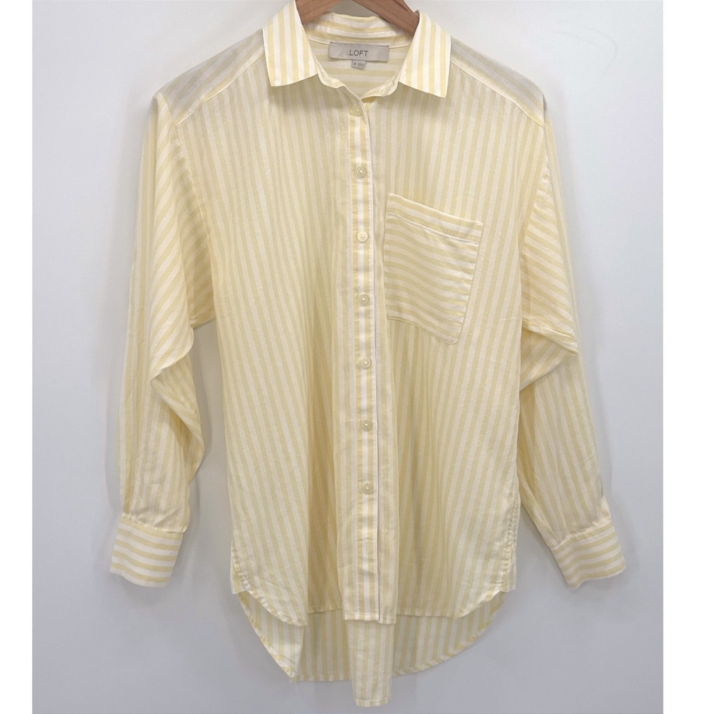 LOFT Women Button Down Shirt Oversized XS Yellow White Striped Fall Transition